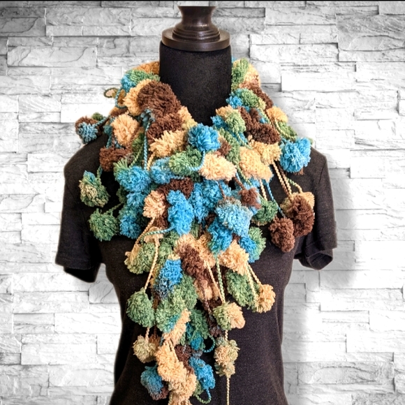 Handmade Fluffy Scarf by me!! Super Soft Puff Balls Green Aqua Blue Brown - Picture 5 of 12
